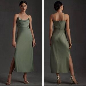 $168 BHLDN Moss Green Cali Satin Cowl Neck Sleeveless Midi Slip Dress size 0
